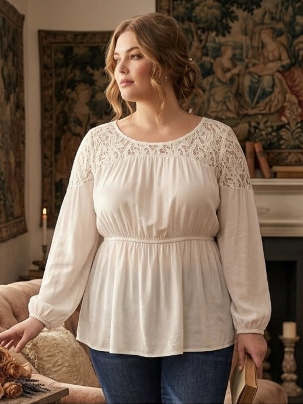 Torrid Cream Boho Lace Yoke Blouse Bishop Sleeve Peplum Top Romantic 3X